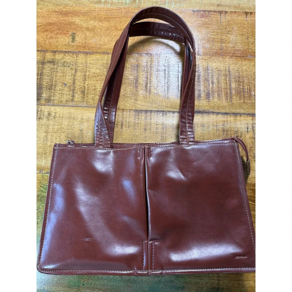 Mondani vintage Brown Faux Leather Structured Shoulder Bag Tote Zip Top Pocketed